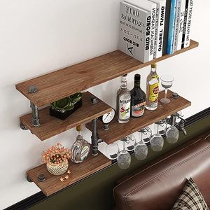 Étagère à tuyaux industrielle Casier à vin mural avec support en verre à 4 tiges Étagères de bar flottantes en métal rustique Étagère murale pour la cuisine - Product Image 3