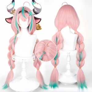 Perruque de Cosplay Genshin Impact Varesa, 98cm, perruque de <span class=keywords><strong>coiffure</strong></span> tressée rose et verte, cheveux synthétiques résistants à la chaleur, perruques de Costume de Cosplay Anime - Product Image 2