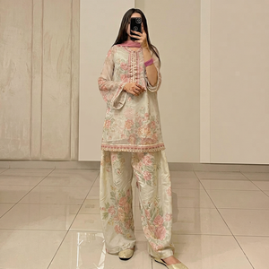 Floral Printed Faux Fur Chiffon Salwar Set Traditional Women <b>Suit</b> Three Quarter Sleeve <b>Short</b> Top Knee Length Winter Party Outfit - Product Image 1