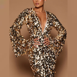 Abito da Sera su Misura con Paillettes Dorate, Scollo a V Profondo, Stile Sirena, <span class=keywords><strong>Maniche</strong></span> <span class=keywords><strong>Lunghe</strong></span>, Aderente, <span class=keywords><strong>Vestito</strong></span> Formale Luccicante per Feste - Product Image 2