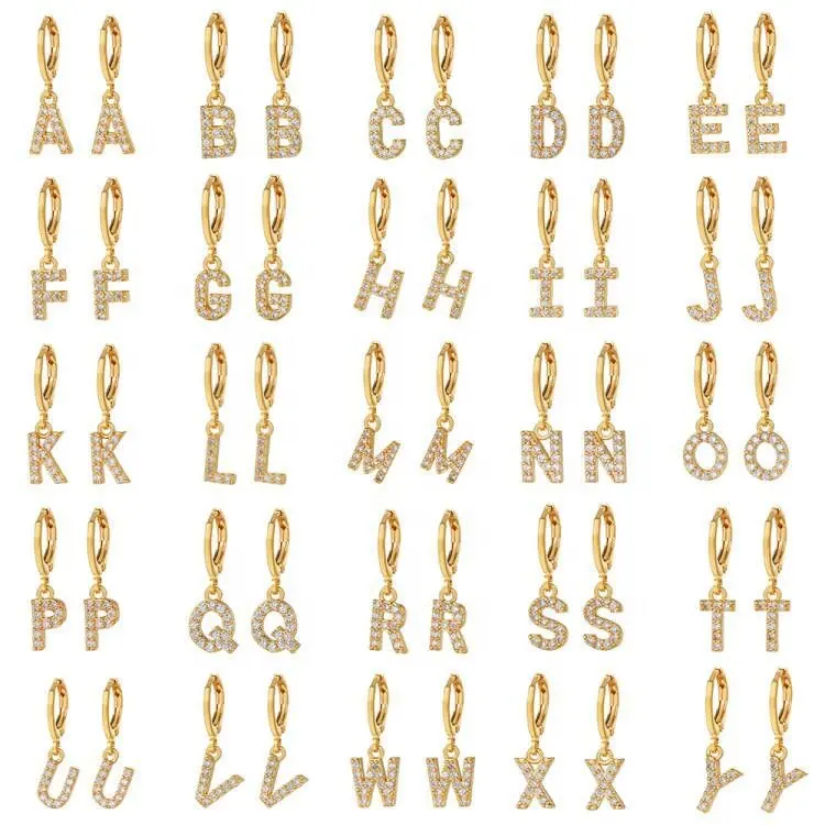 Lyburchi high quality cubic zirconia brass initials letter huggie hoop earrings 18k gold plated