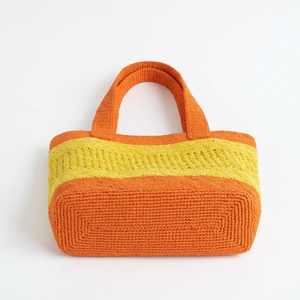 Bolso tote de rafia hecho a mano con rayas de ganchillo, bolso de playa informal para mujer, naranja y amarillo, dos asas, ligero, parte superior abierta - Product Image 3