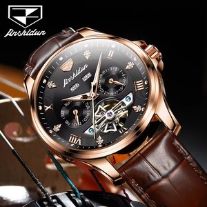 Jsdun 8926 reloj mecánico automático para hombre correa de cuero genuino reloj esqueleto diseño moda 50M impermeable hombre reloj de pulsera - Product Image 1