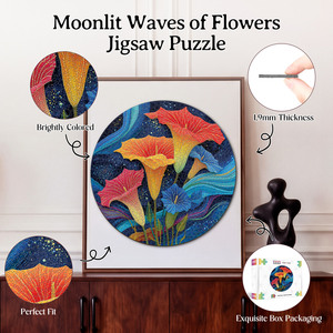 Puzzle de 1000 pièces avec vagues de fleurs sous la lune, effet visuel 3D, puzzle floral, jeu familial éducatif - Product Image 3