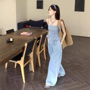 Ensemble deux pièces en jean pour femme : débardeur court et pantalon large, tenue décontractée respirante pour l'été, motif imprimé SAND WASH - Product Image 3