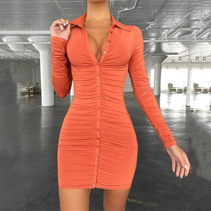 Minivestido ajustado con cuello en V, manga larga, plisado, de color liso, para cóctel, moda femenina - Product Image 4