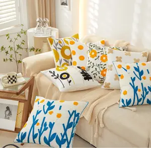 ผ้าคอตตอนและผ้าลินินปักลายดอกไม้ปลอกหมอนอิงสำหรับโซฟาเก้าอี้เตียงนอน