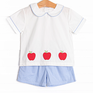 Personnalisé retour à l'école bleu vichy Seersucker bébé vêtements ensembles filles poupée collier pomme Applique coton fille bambin tenues - Product Image 6