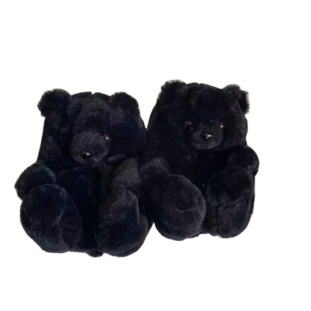 Cute Winter Warm Shoes Non-Slip Fluffy Furry Stuffed Animal Black Teddy Bear House Plush Slippers For Women Girls Slippers