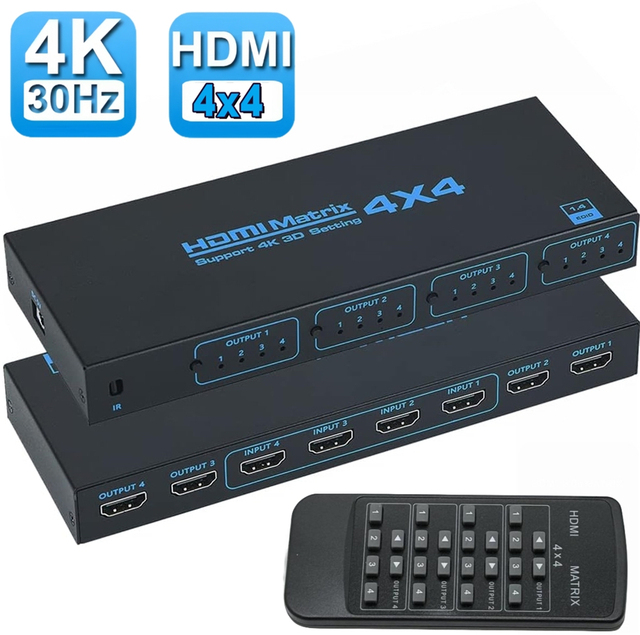 4K HDMI Matrix Switch 4x4 4K 30hz HDMI Video Matrix Switcher Splitter 4 in 4 Out IR Remote Control for PS4 Camera PC Monitor