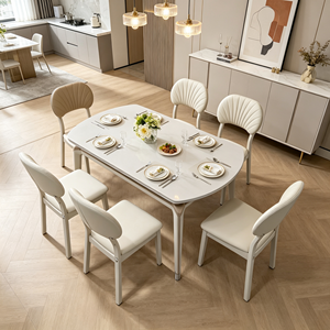 Ensemble de table à manger extensible ronde moderne en pierre frittée marbrée avec 6 chaises, design minimaliste pour la salle à manger à domicile - Product Image 1
