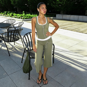 Women Casual Lounge <b>Set</b> Contrast Piping Sleeveless Top and Capri Pants Matching <b>Set</b> Soft Stretchy Fabric - Product Image 4