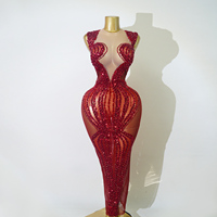 Robe sirène de luxe rouge à sequins, ornée à la main de strass, tenue de Drag Queen, vêtement de scène professionnel, robe de gala de concours, tissu en maille