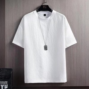 Camiseta Retro de Manga Corta y Cuello Redondo para Hombre, Verano, Poliéster, Color Sólido, Holgada, Básica, Blanca - Product Image 1