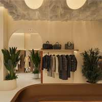 Présentoir en bois personnalisé de luxe léger pour vêtements pour femmes Mobilier de magasin suspendu avec étagères à panneaux de luxe
