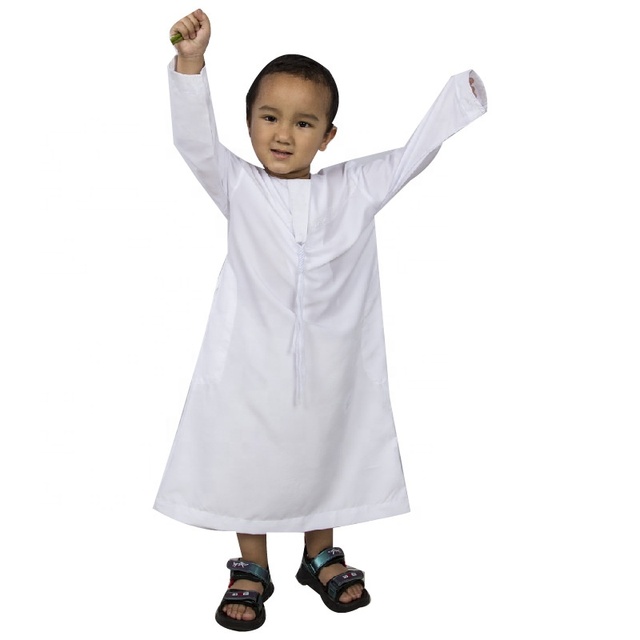 Modest Muslim Kids Boy Solid Color White Abaya Thawbs Long Sleeves Casual Robe Thobe for Children C229