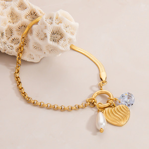 Pulsera de Perlas de Acero Inoxidable con Colgante de Circonia Cúbica en Forma de Corazón, Chapado en Oro de 18K, Joyería de Regalo - Product Image 1