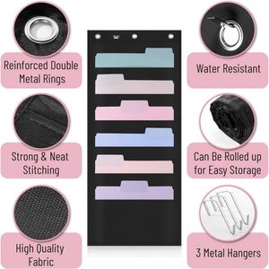 Hanging Wall <b>File</b> Organizer, 6 Pockets Black Oxford Cloth with 2 Hangers, Over the Door <b>Storage</b> for Home Office & Classroom - Product Image 1