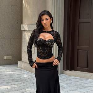 VOIKERDR เสื้อครอปแขนยาวลูกไม้สำหรับผู้หญิง เสื้อพูลโอเวอร์แบบโปร่งบาง ผ้าสแปนเด็กซ์โพลีเอสเตอร์เนื้อนุ่ม เสื้อถักทันสมัย - Product Image 2