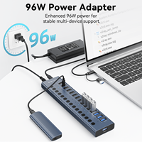 HB16Pro Hub USB 3.2 Gen2 10 Gbps à 16 ports avec interrupteurs d'alimentation individuels 8A+8C, 12V/8A DC, en alliage d'aluminium, station d'accueil USB C industrielle