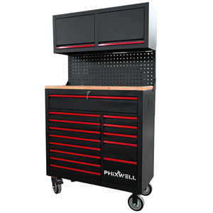 Chariot à <span class=keywords><strong>outils</strong></span> d'atelier personnalisable PHIXWELL avec plateau <span class=keywords><strong>en</strong></span> <span class=keywords><strong>bois</strong></span>, armoire supérieure et panneau arrière, pour réparation automobile industrielle, compatible OEM - Product Image 2