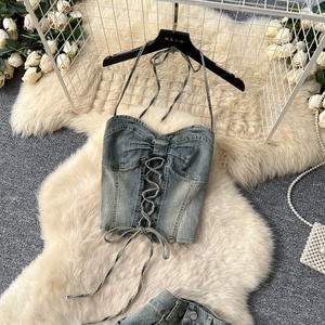 Ensemble deux pièces style rétro américain : <span class=keywords><strong>Gilet</strong></span> court en jean dos nu et jupe sirène taille haute amincissante - Product Image 5
