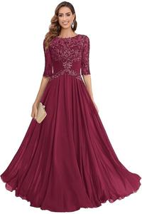 الدانتيل طاقم الرقبة أم فستان العروس مع نصف الأكمام خط طويل الشيفون الزفاف فساتين الضيوف يزين فساتين الأم - Product Image 3