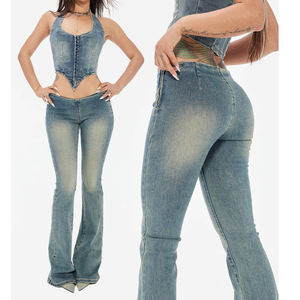 Pantalones vaqueros ajustados desgastados de cintura baja personalizados para mujer pantalones acampanados largos increíblemente hermosos con relación cintura-cadera - Product Image 1