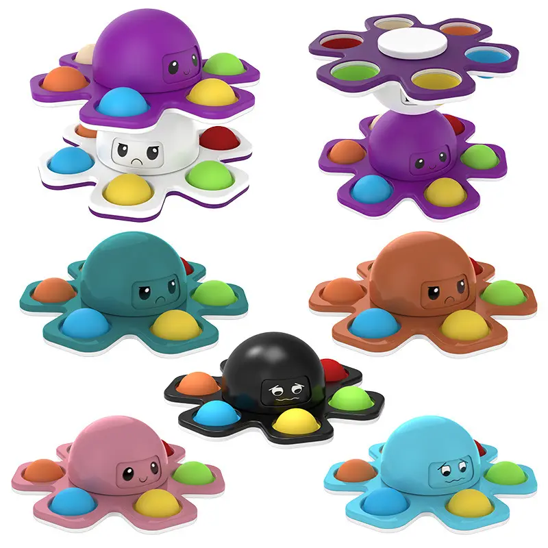 New Stress Reliever Spinning Keychain Push Pop Sensory Bubbles Fidget Toy Reversible Flip Face Off Octopus Fidget Spinner