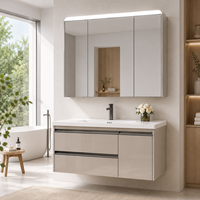 Meuble-lavabo mural moderne en bois massif pour hôtel avec vasque simple, miroir LED inclus, écologique et durable