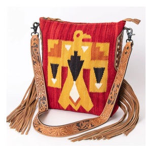 Fashionable Western Inspired Shoulder Sling <b>Bag</b> Crafted from Hand <b>Woven</b> Wool Blanket Fabric with Floral Tooled <b>Leather</b> Accents - Product Image 4