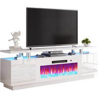 Meuble TV moderne de luxe avec foyer électrique intégré, console multimédia avec éclairage LED pour centre de divertissement de salon