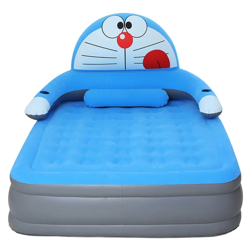 Cama de aire hinchable con dibujos animados para acampar, colchón hinchable de doraemon azul flocado con respaldo, tamaño queen