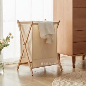 Wooden Folding Canvas Laundry <b>Basket</b> Rectangle Standing Type <b>Foldable</b> Clothes Organizer For Bathroom Bedroom Home Storage - Product Image 1