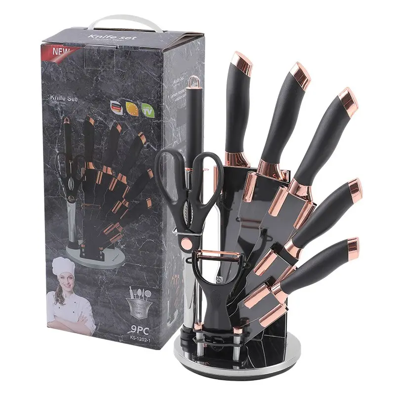 YANGJIANG Kitchen Knives Marble Pattern Chef Sets Stainless Steel 9 PCS Kitchen Knife Sets Black Knife Set