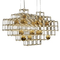 Lustre LED créatif en cristal à trois couches, design ciel étoilé, cube, télécommande, hauteur réglable, doré, taille moyenne, pour hall d'hôtel et salon