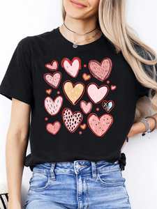 T-Shirt Casual da Donna per San Valentino, Collo Tondo, Manica Corta, Stampa Cuore, 100% Cotone Jersey, per Uso Quotidiano Primavera-Estate - Product Image 1