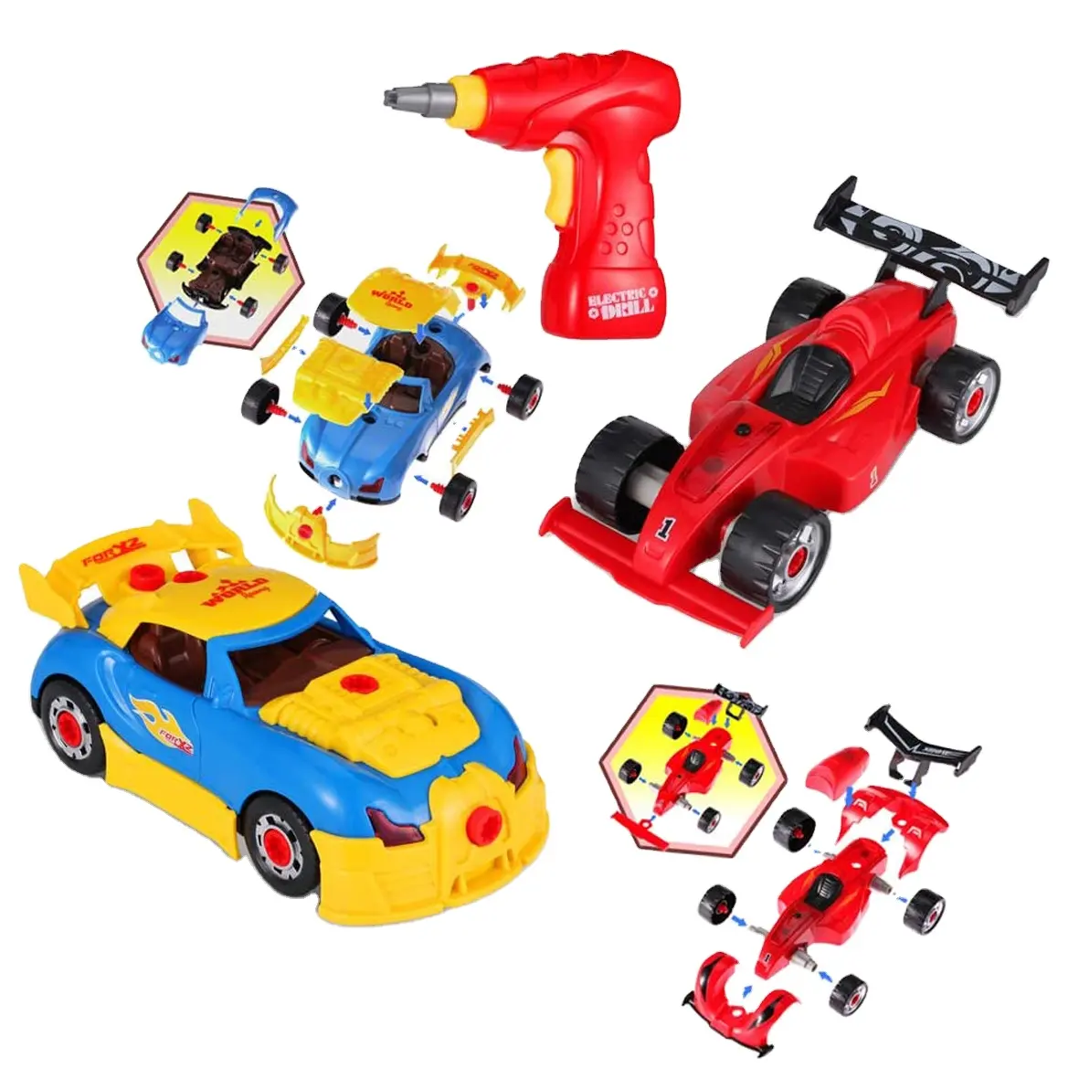 4 in 1 Per Bambini Auto Da Corsa con Suoni e Luci Cacciavite Strumento di Costruzione di Prendere A Parte Auto Assemblare Giocattoli con Elettrico trapano