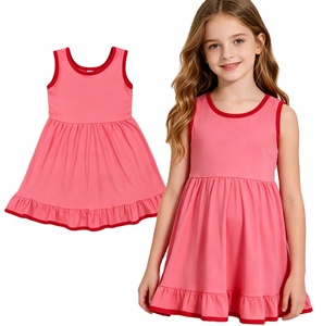 ชุดเดรสเด็กผู้หญิงสีชมพูล้วนพิมพ์ลาย แต่งระบายทรงเอไลน์ สไตล์ลำลอง ขายส่ง เสื้อผ้าเด็กสำหรับพี่น้อง - Product Image 1