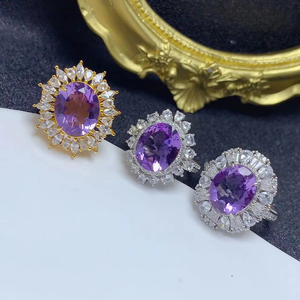새로운 디자인 925 스털링 실버 18K 골드 도금 타원형 컷 천연 자수정 큰 돌 크리스탈 반지 - Product Image 2
