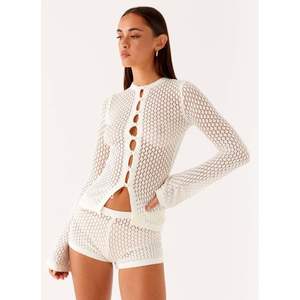 Custom 2026 Crochet Two Piece Set Women <b>Long</b> <b>Sleeve</b> <b>Shirt</b> Shorts Summer Beach Coverup Elastic Waist Straight Silhouette - Product Image 4
