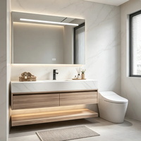 Meuble-lavabo mural en bois massif avec plan de travail en pierre frittée et vasque en céramique intégrée, vente directe d'usine OEM/ODM
