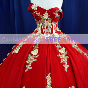 TEENYEE Vintage Red velveteen 3D Gold flower impero gonfio con spalle nuziali da donna abiti da sera per <span class=keywords><strong>sposa</strong></span> - Product Image 4