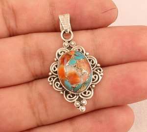 925 Sterling Silver Oyster Cuivre Turquoise Collier Pendentif pour Femmes À La Main Ovale Gemme Bohème Pendentif - Product Image 3