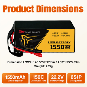 Batteria LiPo FPV 150C da 5 Pollici 1550mAh 6S 22.2V, Direttamente dalla Fabbrica, Batterie FPV ad Alta Velocità per Aeromodelli RC e Droni FPV - Product Image 3