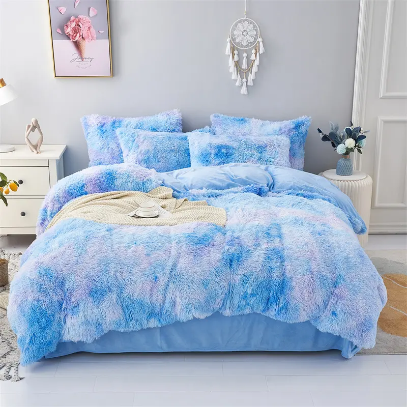 Set di biancheria da letto copripiumino soffice invernale di lusso tinto in cravatta blu Set piumino da letto 100% poliestere