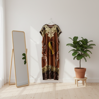 Robe Longue Africaine Décontractée en Coton à Manches Courtes Ample pour Femme Imprimé Motif avec Ensemble Foulard et Boubou Orné de Diamants