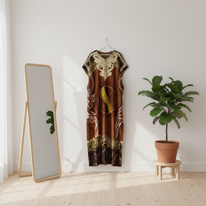Robe Longue Africaine Décontractée en Coton à Manches Courtes Ample pour Femme Imprimé Motif avec Ensemble Foulard et <span class=keywords><strong>Boubou</strong></span> Orné de Diamants - Product Image 3