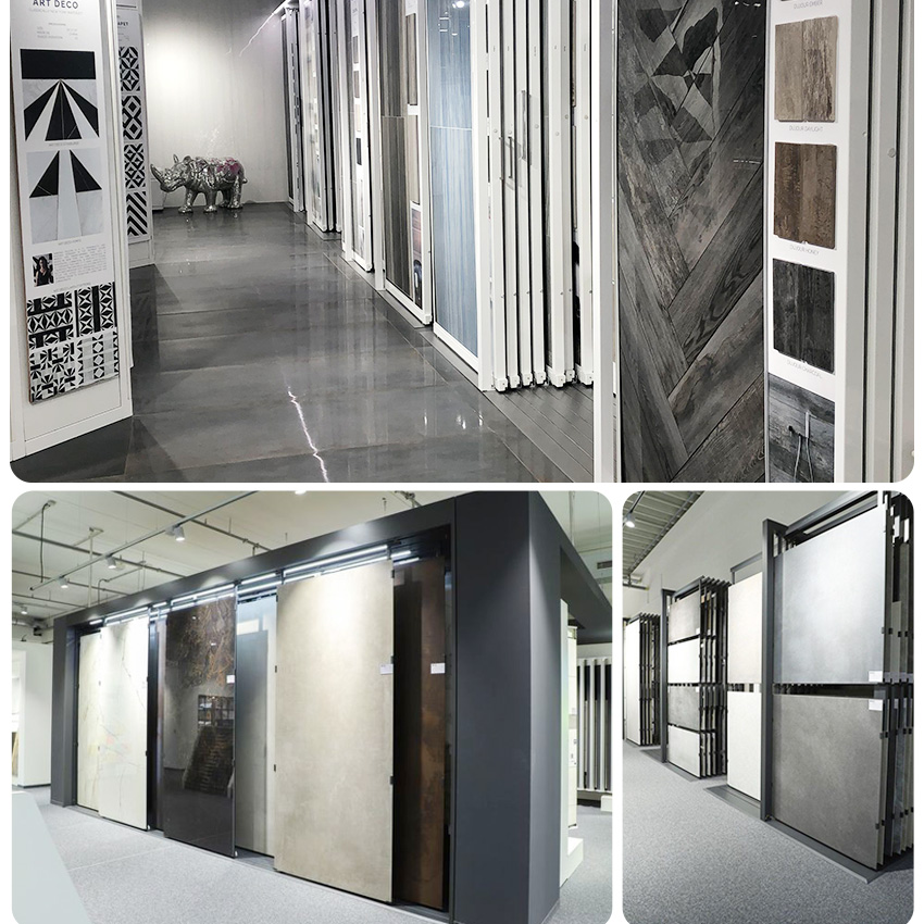 Hot Sale Showroom Hanging Sliding Type Factory Wood Exhibition Marble Sample Push Pull Out Tile Rack Stone Display Stand