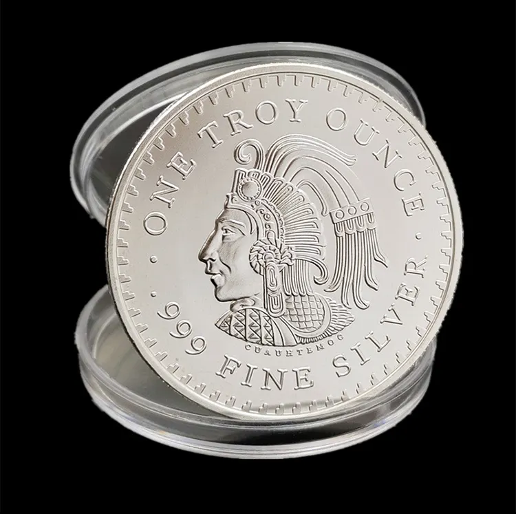 Venta al por mayor de monedas de recuerdo de plata fina de doble cara en relieve de metal conmemorativo Maya moneda mexicana con caja de acrílico